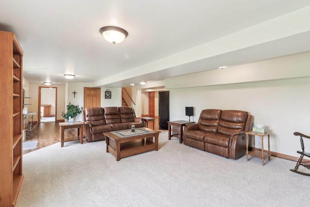 8610 Pebble Creek Ct, Wonder Lake, IL 60097 - living room featuring stairs, carpet flooring, and baseboards