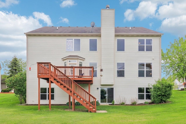 8610 Pebble Creek Ct, Wonder Lake, IL 60097 - back of house with a wooden deck, a lawn, stairway, and a chimney