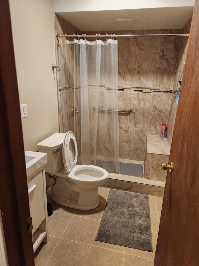 22 Cedar Ln, Putnam, IL 61560 - bathroom with a stall shower, toilet, vanity, and tile patterned flooring