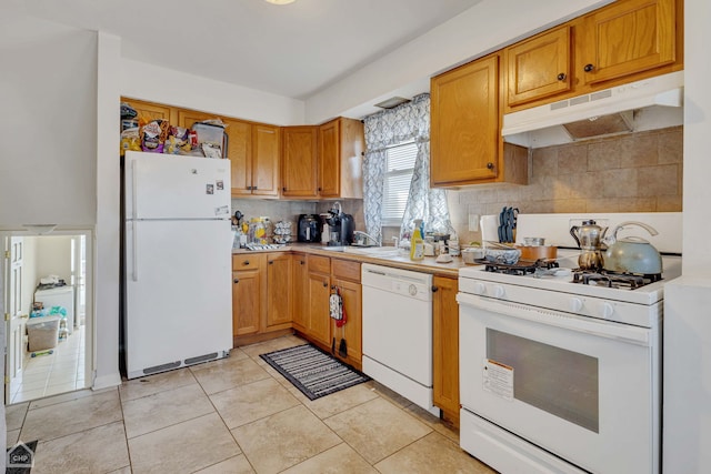 14245 Cottage Grove Ave, Dolton, IL 60419 - kitchen with white appliances, under cabinet range hood, light countertops, decorative backsplash, and a sink