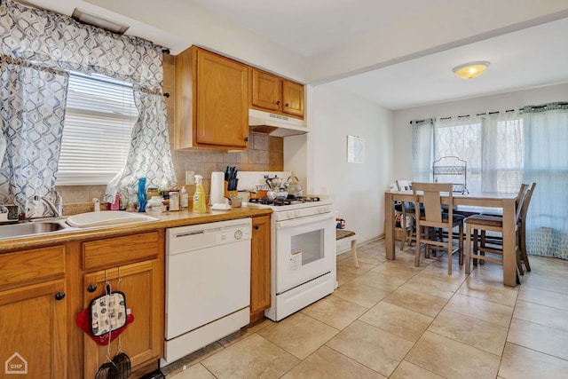 14245 Cottage Grove Ave, Dolton, IL 60419 - kitchen featuring white appliances, under cabinet range hood, a sink, backsplash, and light countertops