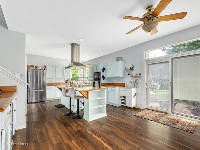 1465 Teal Ct, Hoffman Estates, IL 60192 - kitchen with freestanding refrigerator, open shelves, island range hood, dark wood-type flooring, and black microwave