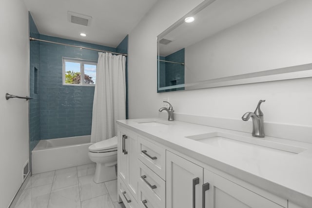 1682 Cavell Ave, Highland Park, IL 60035 - bathroom with double vanity, shower / tub combo, toilet, recessed lighting, and marble look tiles