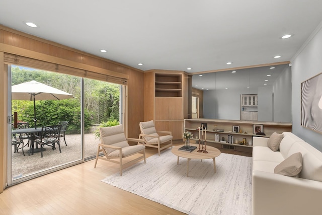 1682 Cavell Ave, Highland Park, IL 60035 - living room featuring light wood-style floors, recessed lighting, and crown molding