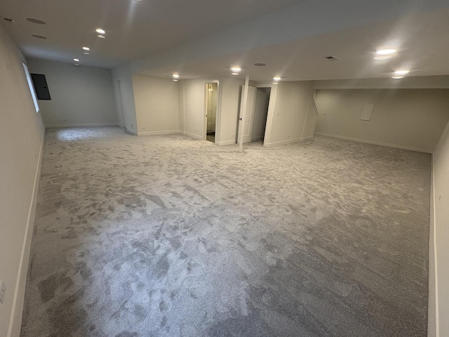 154 Pine Ln, Wood Dale, IL 60191 - finished basement with light colored carpet, recessed lighting, and baseboards