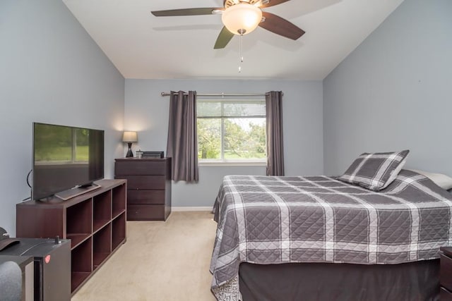 1040 Fairway Dr, Fox Lake, IL 60020 - bedroom featuring light colored carpet, baseboards, ceiling fan, and vaulted ceiling