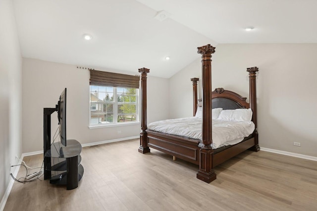 bedroom with light wood-style flooring, baseboards, lofted ceiling, and recessed lighting