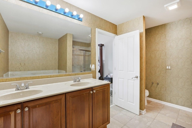 full bathroom with wallpapered walls, a shower stall, a bath, toilet, and tile patterned flooring