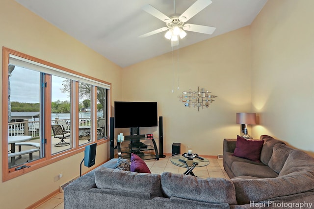 209 S Emerald Dr, Mchenry, IL 60051 - living room featuring light tile patterned flooring, ceiling fan, baseboards, and high vaulted ceiling
