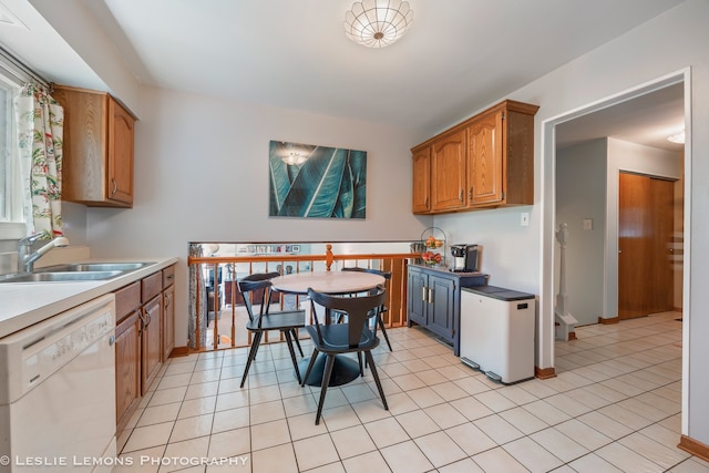 1260 Kent Ct, Wheaton, IL 60189 - kitchen with white dishwasher, a sink, refrigerator, brown cabinets, and light tile patterned flooring