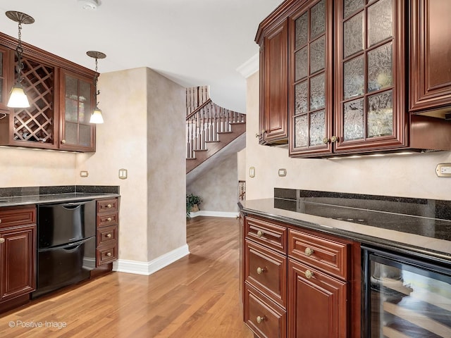 6 Swaps Ct, Oak Brook, IL 60523 - indoor dry bar with beverage cooler, light wood-type flooring, stairs, decorative light fixtures, and dishwashing machine