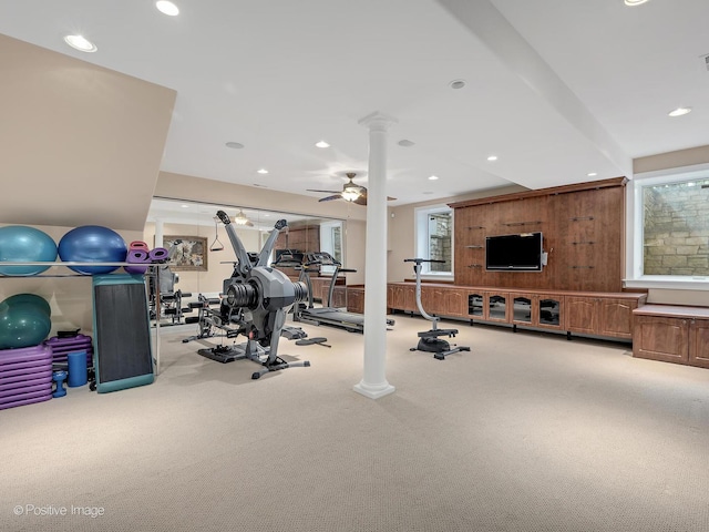 6 Swaps Ct, Oak Brook, IL 60523 - exercise area with carpet, ornate columns, plenty of natural light, recessed lighting, and a ceiling fan