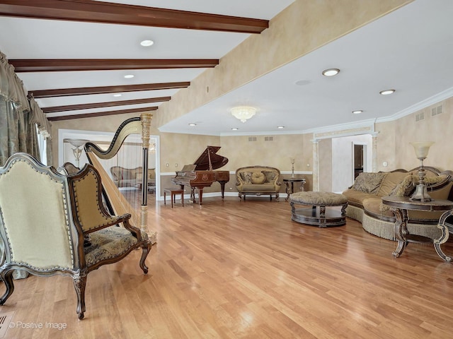 6 Swaps Ct, Oak Brook, IL 60523 - living area featuring light wood-style floors, beam ceiling, ornamental molding, and recessed lighting