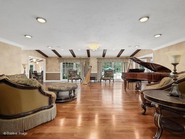 6 Swaps Ct, Oak Brook, IL 60523 - living room with wood finished floors, recessed lighting, beamed ceiling, and crown molding