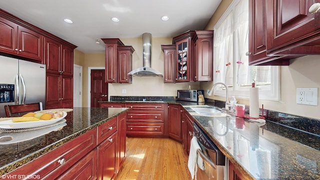 17040 Cheyenne Ct, Lockport, IL 60441 - kitchen with reddish brown cabinets, wall chimney exhaust hood, stainless steel appliances, a sink, and recessed lighting
