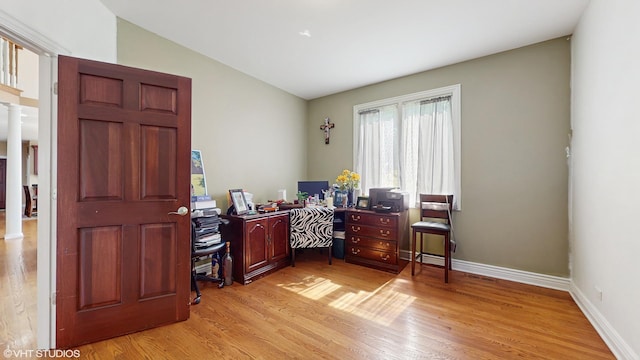 17040 Cheyenne Ct, Lockport, IL 60441 - office space with ornate columns, light wood finished floors, baseboards, and lofted ceiling