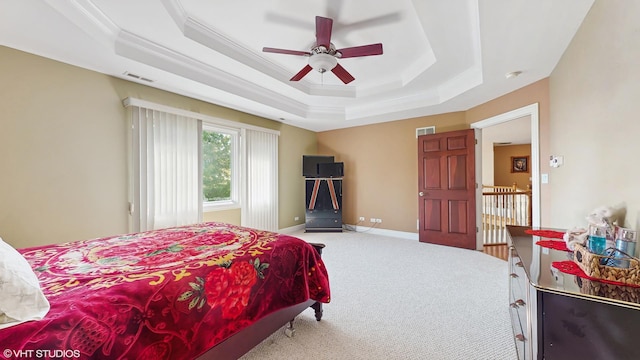 17040 Cheyenne Ct, Lockport, IL 60441 - bedroom featuring a raised ceiling, carpet, ornamental molding, a ceiling fan, and baseboards