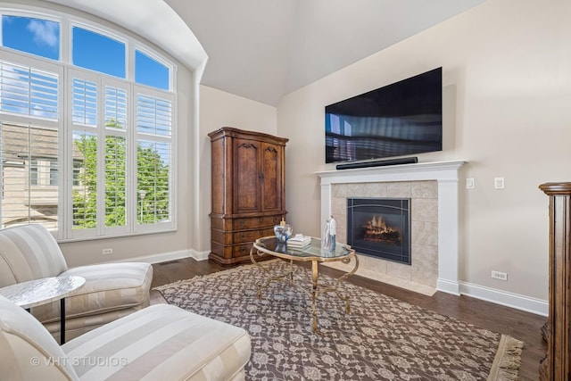 1559 S Paul Le Comte Ct, Palatine, IL 60067 - living room featuring baseboards, plenty of natural light, a fireplace, and high vaulted ceiling