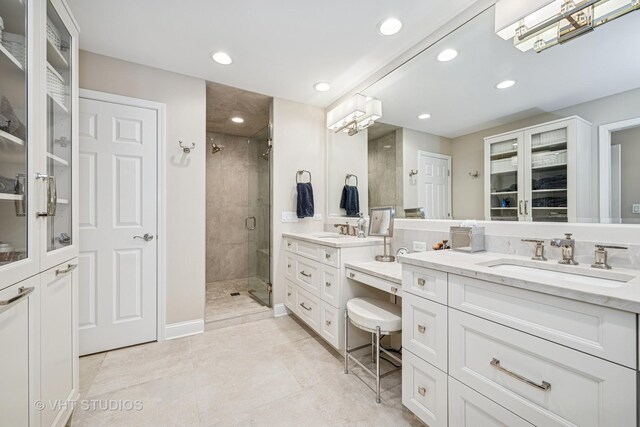 1559 S Paul Le Comte Ct, Palatine, IL 60067 - bathroom with a stall shower, vanity, recessed lighting, a closet, and tile patterned floors