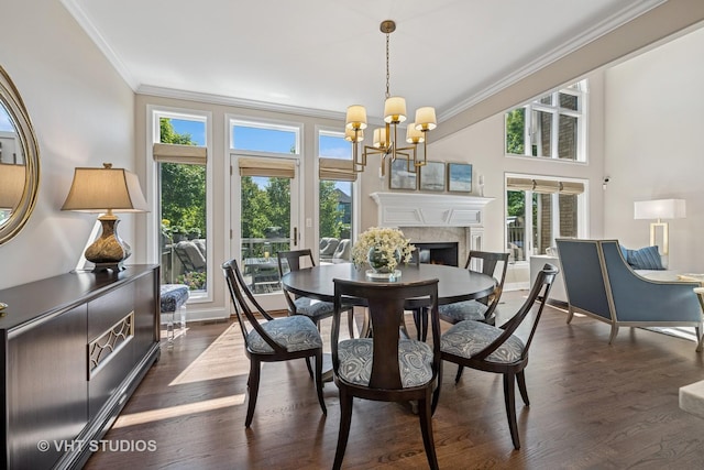 1559 S Paul Le Comte Ct, Palatine, IL 60067 - dining space featuring ornamental molding, healthy amount of natural light, a chandelier, dark wood finished floors, and a warm lit fireplace
