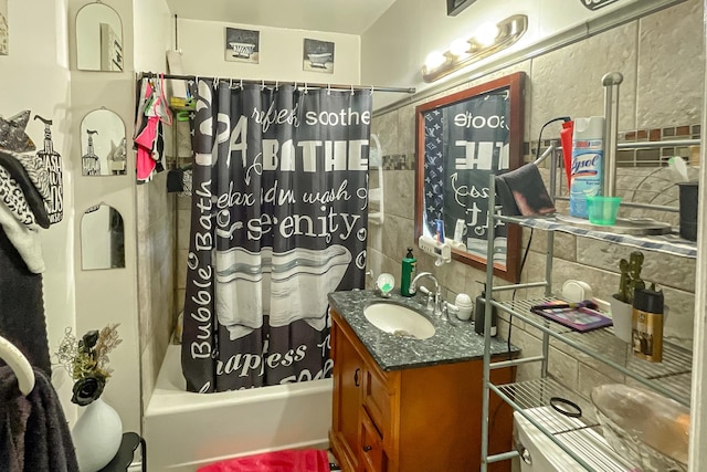10817 S Forest Ave, Chicago, IL 60628 - bathroom featuring backsplash, shower / bath combo with shower curtain, and vanity