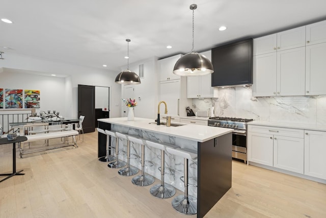 218 E 46th St, Chicago, IL 60653 - kitchen featuring high end range, a sink, light wood-style flooring, premium range hood, and decorative backsplash