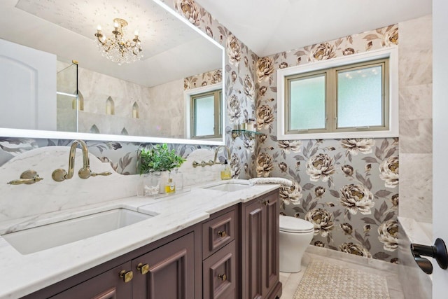 11016 84th Pl, Willow Springs, IL 60480 - bathroom featuring a chandelier, wallpapered walls, toilet, a shower, and double vanity