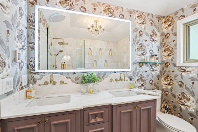 11016 84th Pl, Willow Springs, IL 60480 - full bath featuring wallpapered walls, a stall shower, a chandelier, double vanity, and toilet