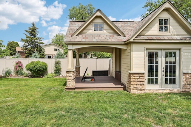 11016 84th Pl, Willow Springs, IL 60480 - back of property featuring french doors, a deck, a standing seam roof, metal roof, and stone siding