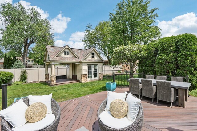 11016 84th Pl, Willow Springs, IL 60480 - wooden terrace featuring outdoor dining area, french doors, and an outbuilding