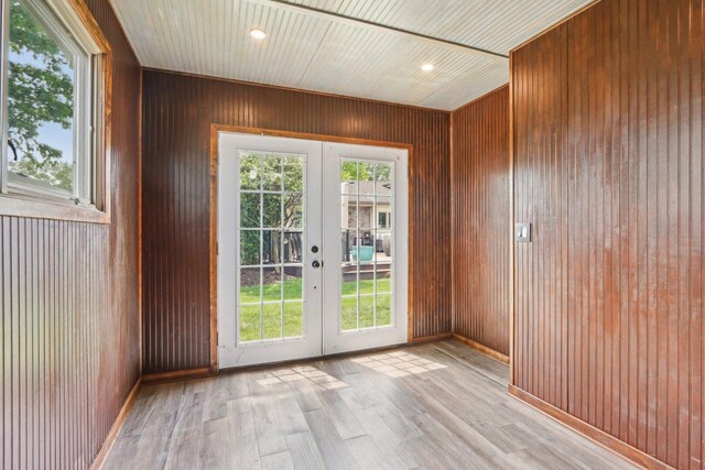 11016 84th Pl, Willow Springs, IL 60480 - doorway to outside with french doors, light wood-type flooring, wood walls, and recessed lighting