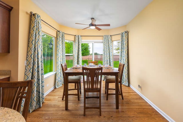 677 Slate Run, Elgin, IL 60124 - dining space featuring ceiling fan, healthy amount of natural light, wood finished floors, and baseboards