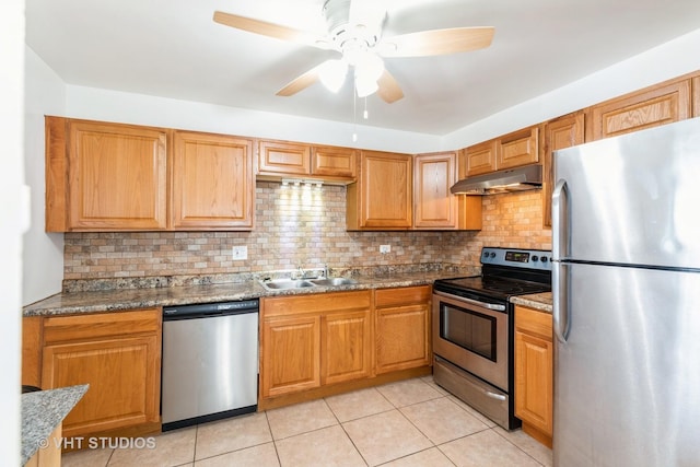 5 E Carriageway Dr Unit 209, Hazel Crest, IL 60429 - kitchen featuring stainless steel appliances, under cabinet range hood, a sink, light tile patterned floors, and ceiling fan