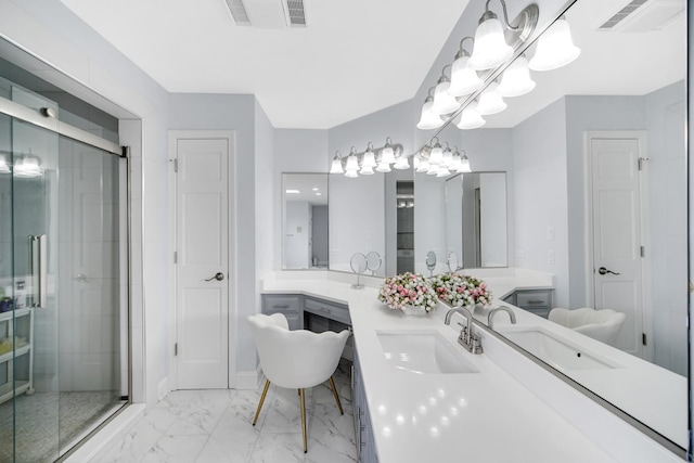 24161 Brancaster Dr, Naperville, IL 60564 - full bathroom featuring vanity, marble look tiles, and a shower stall