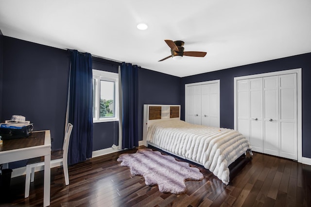 24161 Brancaster Dr, Naperville, IL 60564 - bedroom with two closets, wood finished floors, baseboards, a ceiling fan, and recessed lighting
