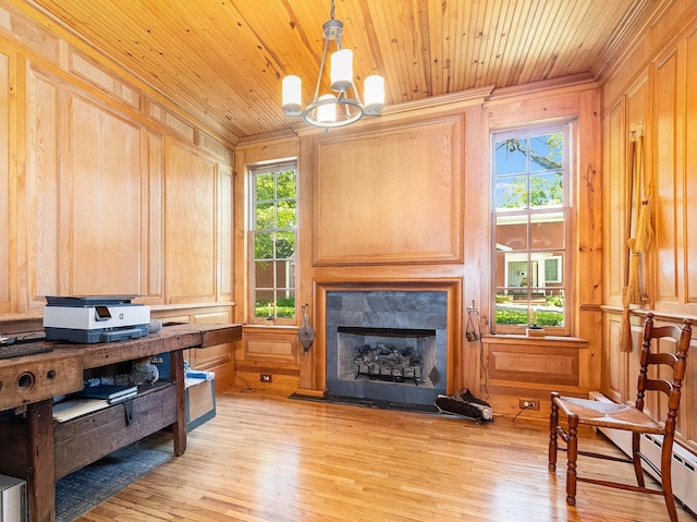 1006 S Jefferson St, Lockport, IL 60441 - office with ornamental molding, light wood-style floors, a fireplace with raised hearth, wood ceiling, and a chandelier