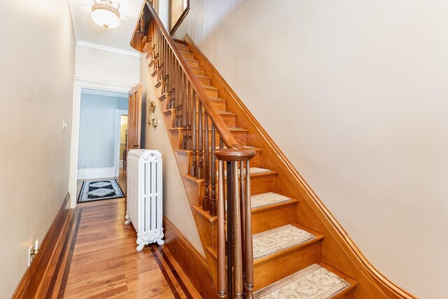 1006 S Jefferson St, Lockport, IL 60441 - stairs featuring radiator heating unit, wood finished floors, ornamental molding, and baseboards