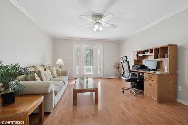 1713 Meadow Ln, Mchenry, IL 60050 - office space featuring ceiling fan, light wood-type flooring, crown molding, and baseboards