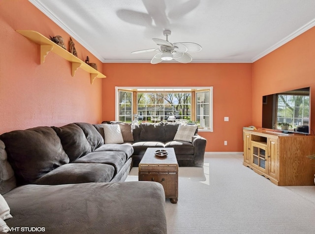 1713 Meadow Ln, Mchenry, IL 60050 - living room featuring light colored carpet, crown molding, a ceiling fan, and baseboards