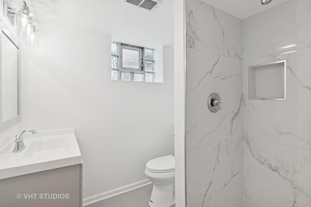 3838 Emerson Dr, Schiller Park, IL 60176 - bathroom with vanity, a marble finish shower, toilet, and baseboards