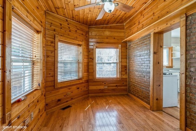 2140 Cedar Ct, Glenview, IL 60025 - spare room featuring ceiling fan, hardwood / wood-style flooring, wooden walls, wooden ceiling, and brick wall