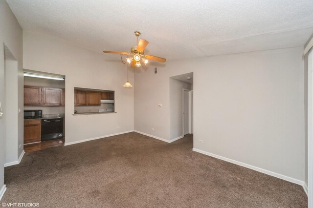 2028 N Rand Rd Unit 202, Palatine, IL 60074 - unfurnished living room with dark carpet, ceiling fan, baseboards, lofted ceiling, and a textured ceiling