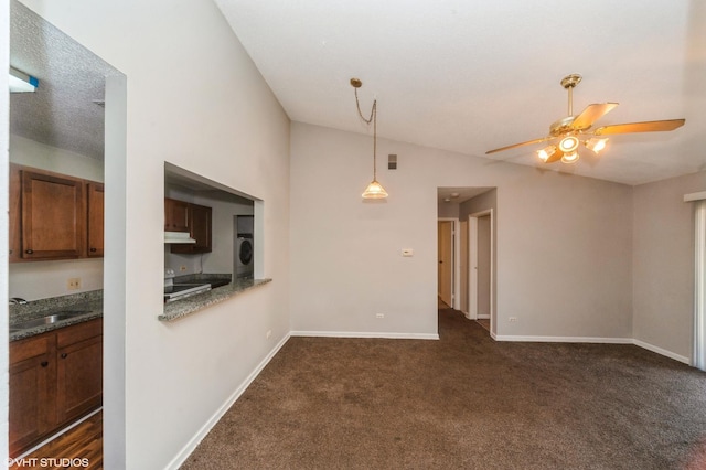 2028 N Rand Rd Unit 202, Palatine, IL 60074 - unfurnished living room featuring a sink, a ceiling fan, dark colored carpet, vaulted ceiling, and baseboards
