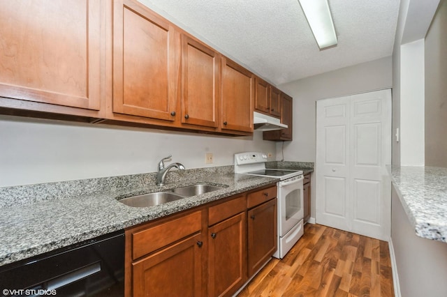 2028 N Rand Rd Unit 202, Palatine, IL 60074 - kitchen with white range with electric cooktop, a sink, light wood-style floors, under cabinet range hood, and light stone counters