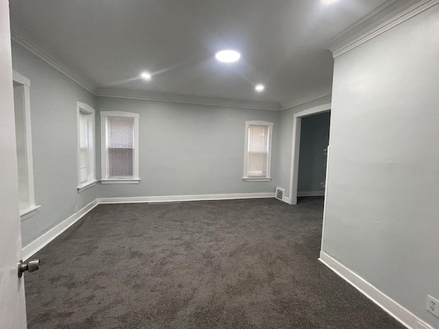1636 N Central Ave, Chicago, IL 60639 - empty room featuring ornamental molding, dark carpet, baseboards, and recessed lighting