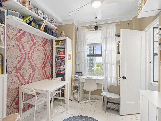 7321 S S Shore Dr Unit 11-B, Chicago, IL 60649 - office area with tile patterned floors, a ceiling fan, and crown molding