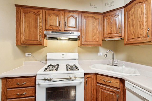 7333 Grand Ave Unit 102, Downers Grove, IL 60516 - kitchen with white appliances, under cabinet range hood, a sink, brown cabinets, and light countertops
