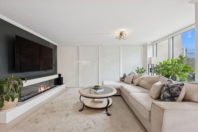 1516 N State Pkwy Unit 5D, Chicago, IL 60610 - living room with a glass covered fireplace, floor to ceiling windows, and ornamental molding