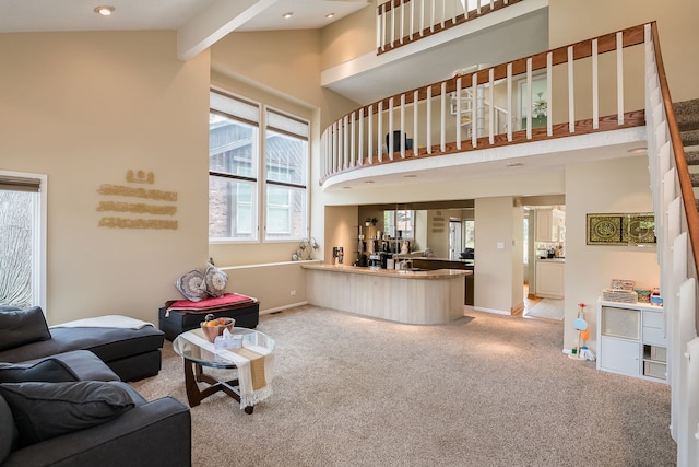 16 Lucas Dr, Palos Hills, IL 60465 - living room with carpet flooring, beamed ceiling, high vaulted ceiling, and baseboards