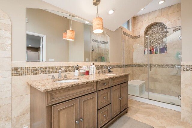 16 Lucas Dr, Palos Hills, IL 60465 - full bath with tile walls, a shower stall, double vanity, and recessed lighting